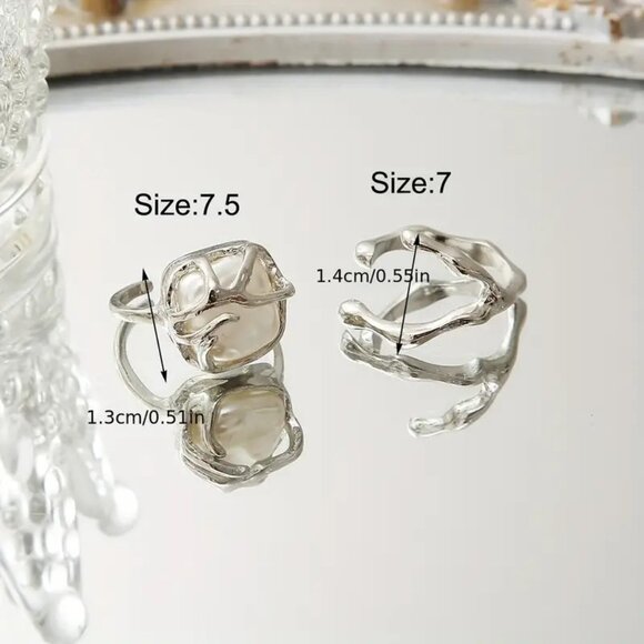 2pc Ring Set Pearl SIlver Adjustable Modern Boho Glam Style Fab Unique Hollywood - Picture 4 of 4